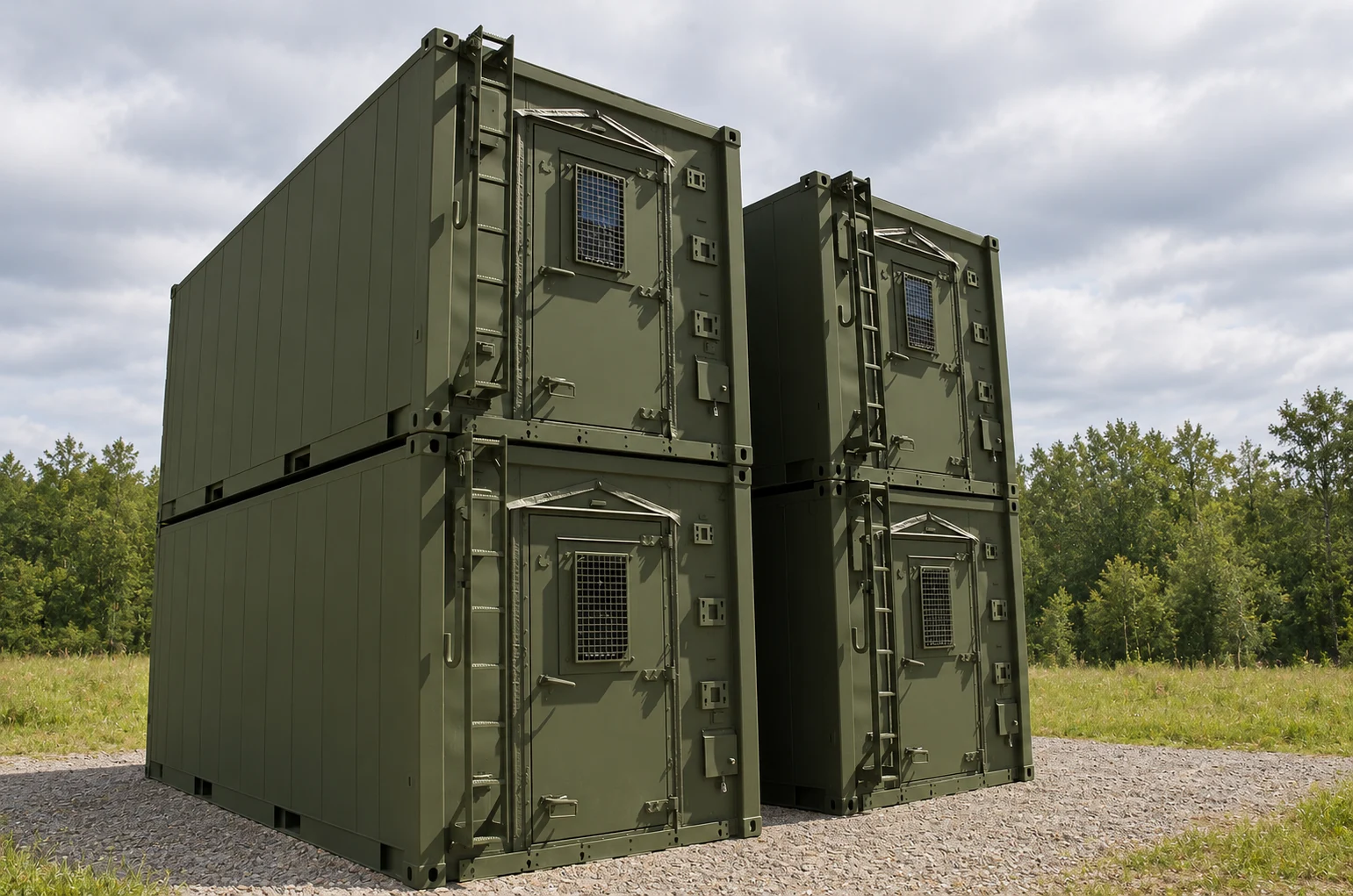 Four completed green shelter modules in a field setting