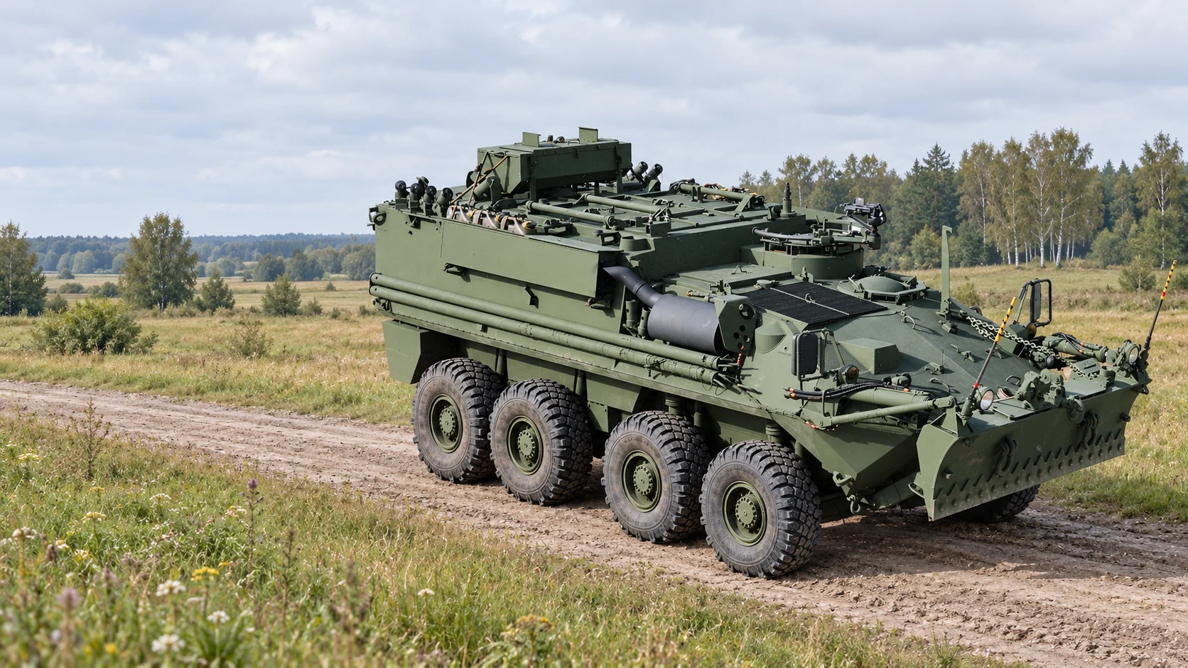 Bison maintenance and recovery vehicle on a rural dirt road; field setting digitally edited