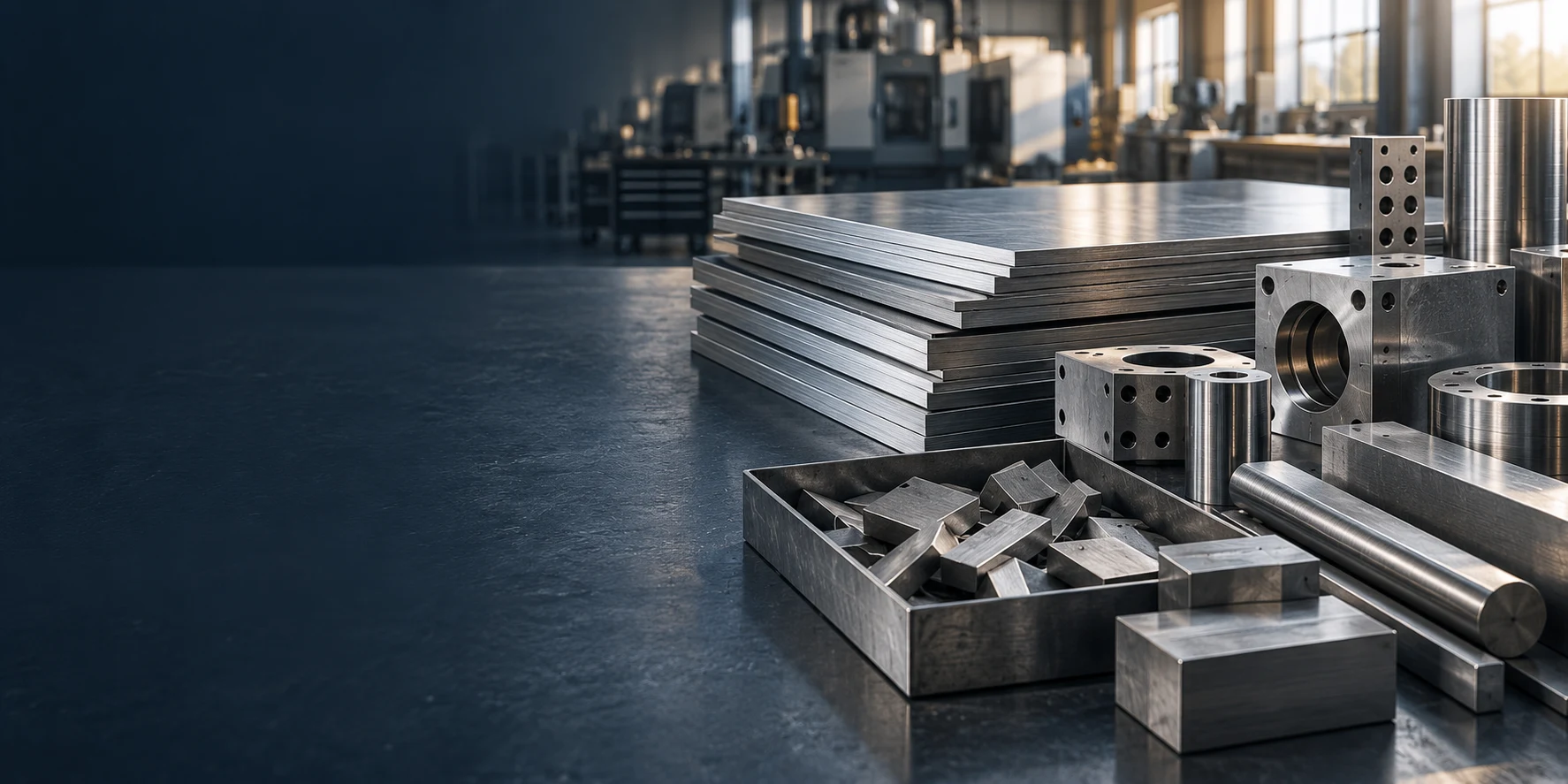Illustration of metal stock and machined components in an industrial setting