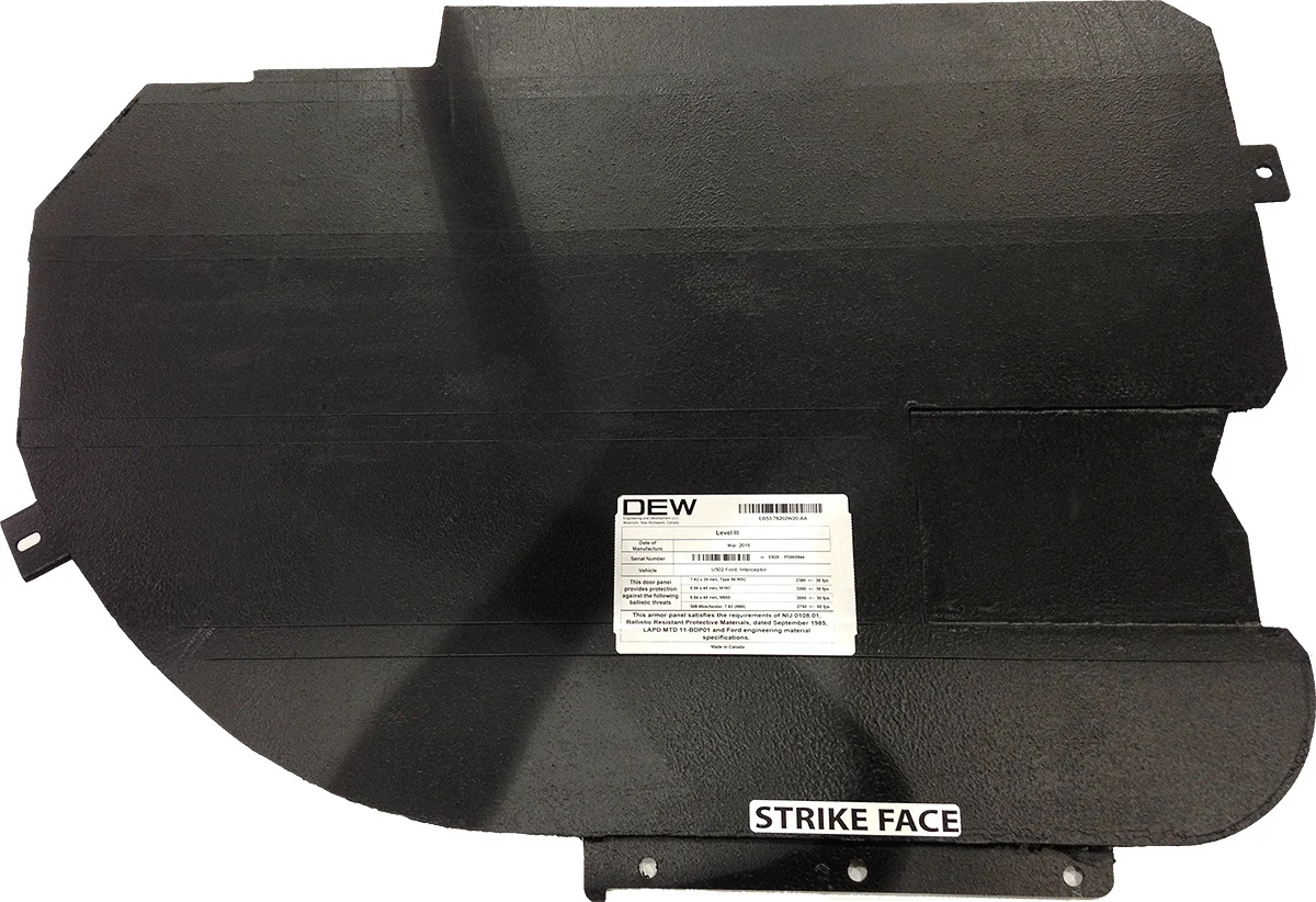 DEW PD ballistic panel — shaped for installation inside a vehicle door